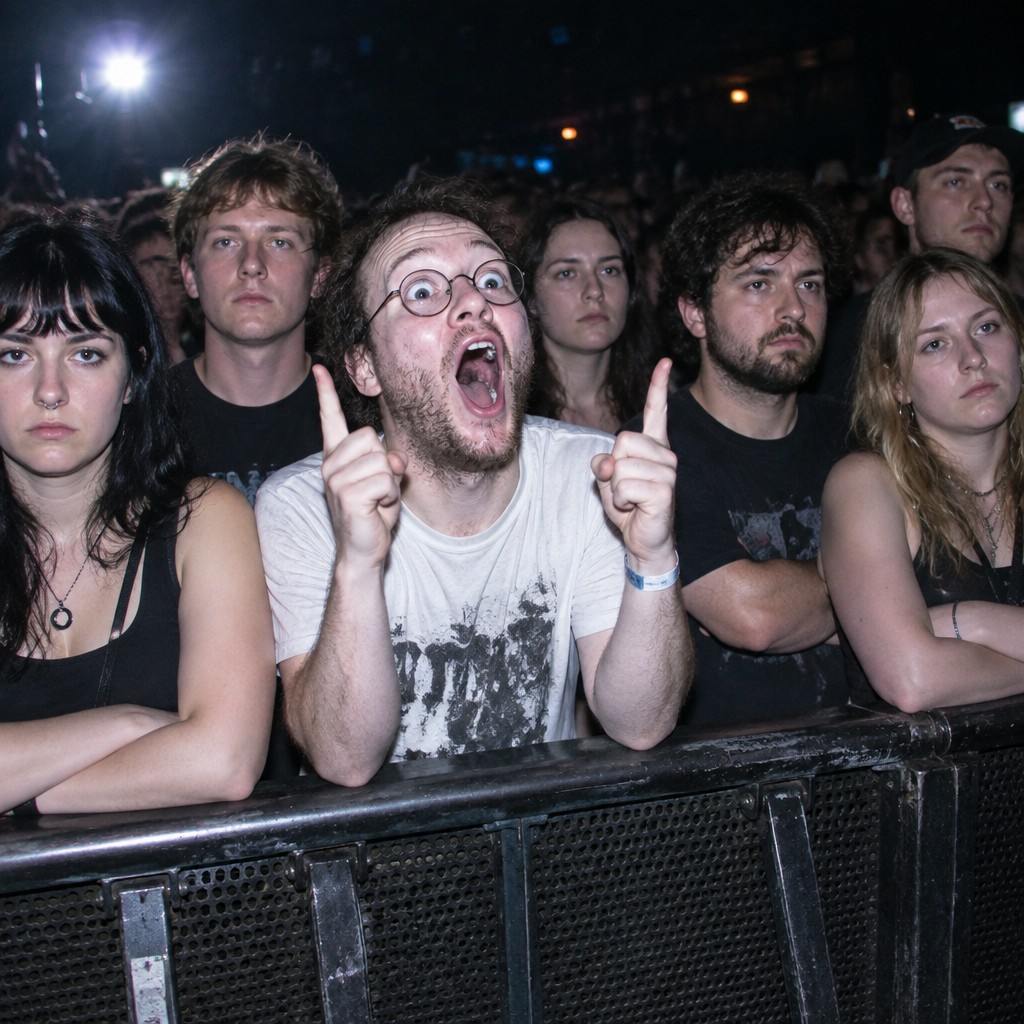 The complete original artwork #1539: one ecstatic man at the barricade points both fingers at the stage while the surrounding club crowd looks unimpressed.